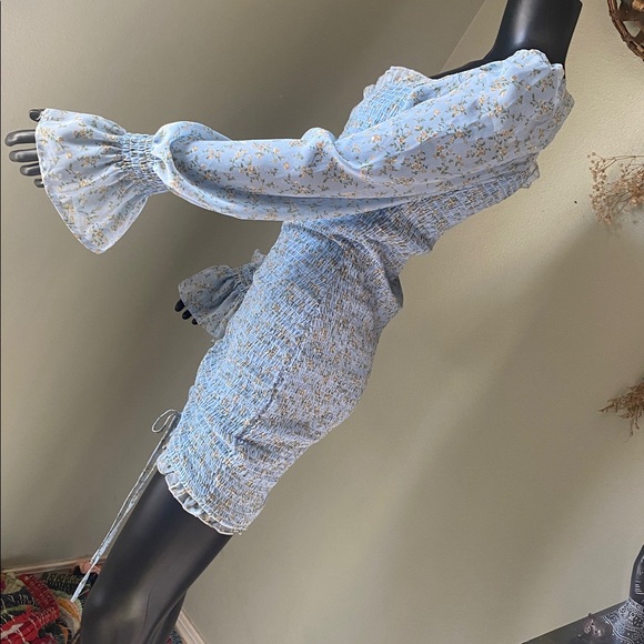 Hey Babe Light Blue Floral Sheer Sleeve Ruched Tie Dress - Picture 9 of 17